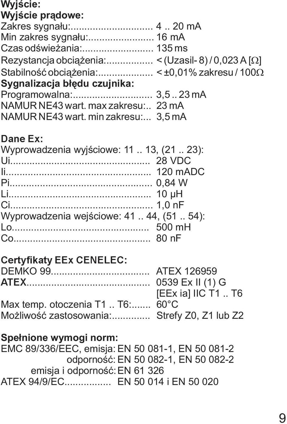 . 13, (21.. 23): Ui... 28 VDC Ii... 120 madc Pi... 0,84 W Li... 10 µh Ci... 1,0 nf Wyprowadzenia wejœciowe: 41.. 44, (51.. 54): Lo... 500 mh Co... 80 nf Certyfikaty EEx CENELEC: DEMKO 99.