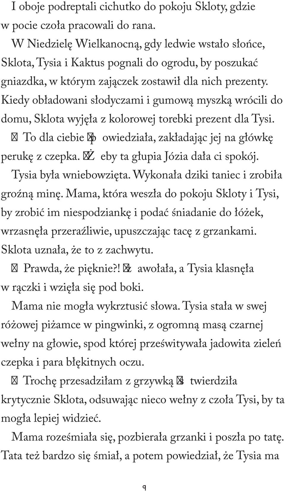 Kiedy obładowani słodyczami i gumową myszką wrócili do domu, Sklota wyjęła z kolorowej torebki prezent dla Tysi. ± To dla ciebie ± p owiedziała, zakładając jej na główkę perukę z czepka.