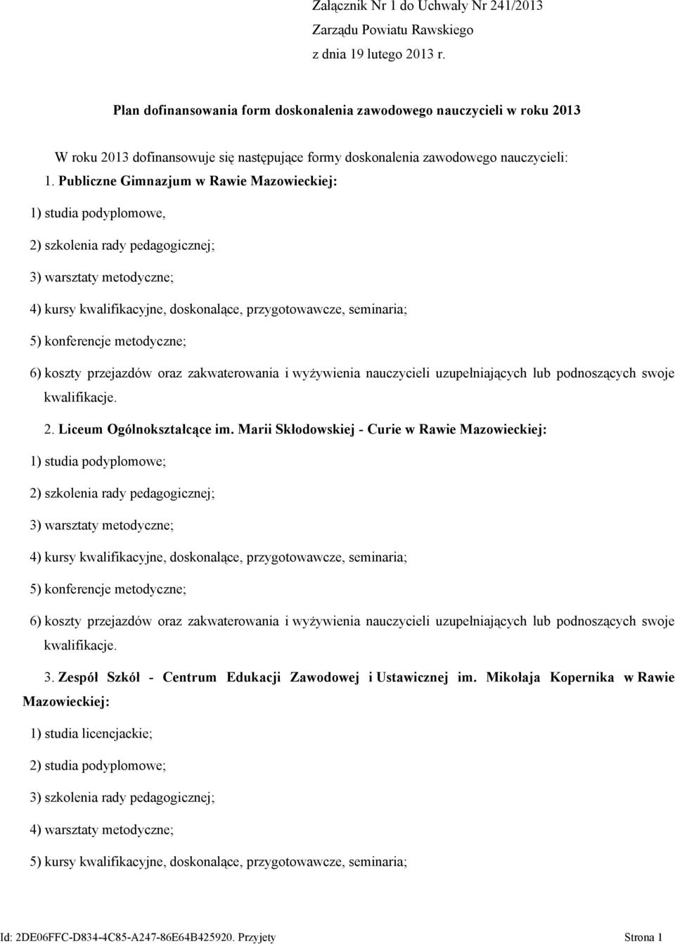 Publiczne Gimnazjum w Rawie Mazowieckiej: 1) studia podyplomowe, 2) szkolenia rady pedagogicznej; 3) warsztaty metodyczne; 4) kursy kwalifikacyjne, doskonalące, przygotowawcze, seminaria; 5)