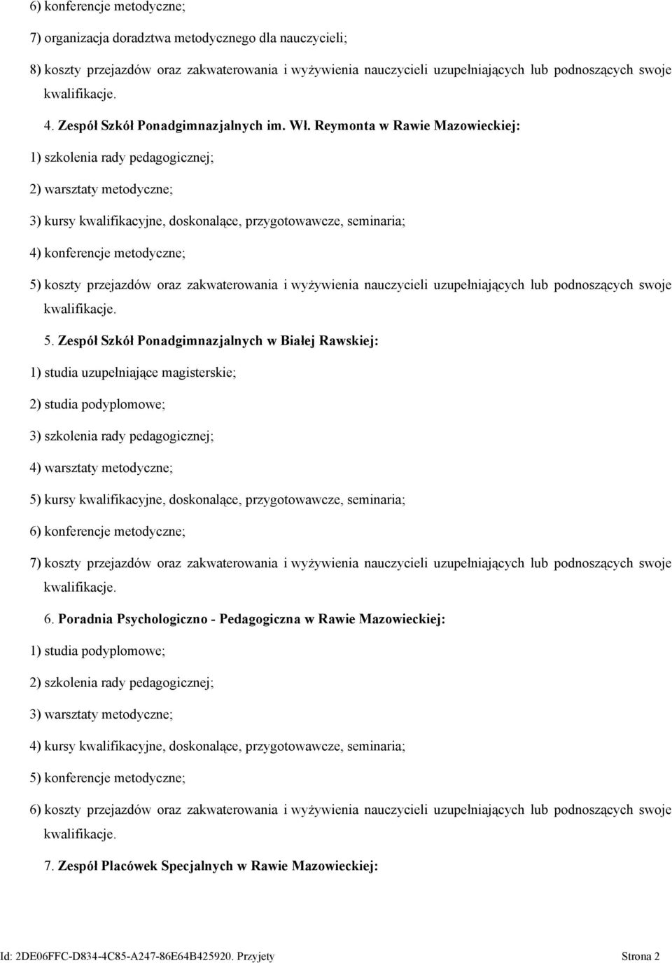 Reymonta w Rawie Mazowieckiej: 1) szkolenia rady pedagogicznej; 2) warsztaty metodyczne; 3) kursy kwalifikacyjne, doskonalące, przygotowawcze, seminaria; 4) konferencje metodyczne; 5) koszty