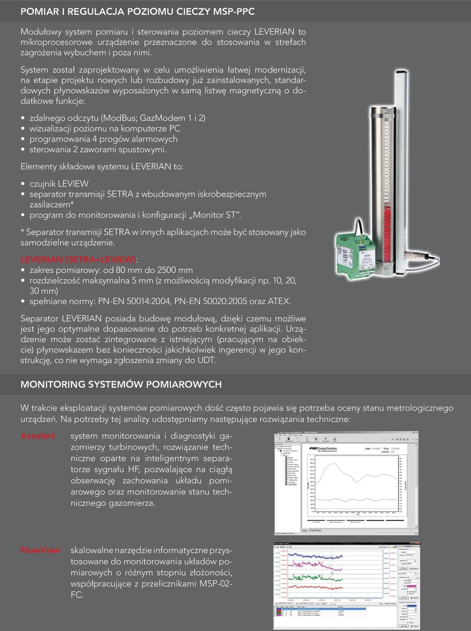 magnetyczną o dodatkowe funkcje: zdalnego odczytu (modbus; gazmodem 1 i 2) wizualizacji poziomu na komputerze pc programowania 4 progów alarmowych sterowania 2 zaworami spustowymi.