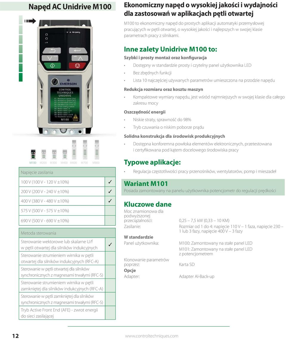 Inne zalety Unidrive M100 to: Szybki i prosty montaż oraz konfiguracja Dostępny w standardzie prosty i czytelny panel użytkownika LED Bez zbędnych funkcji Lista 10 najczęściej używanych parametrów