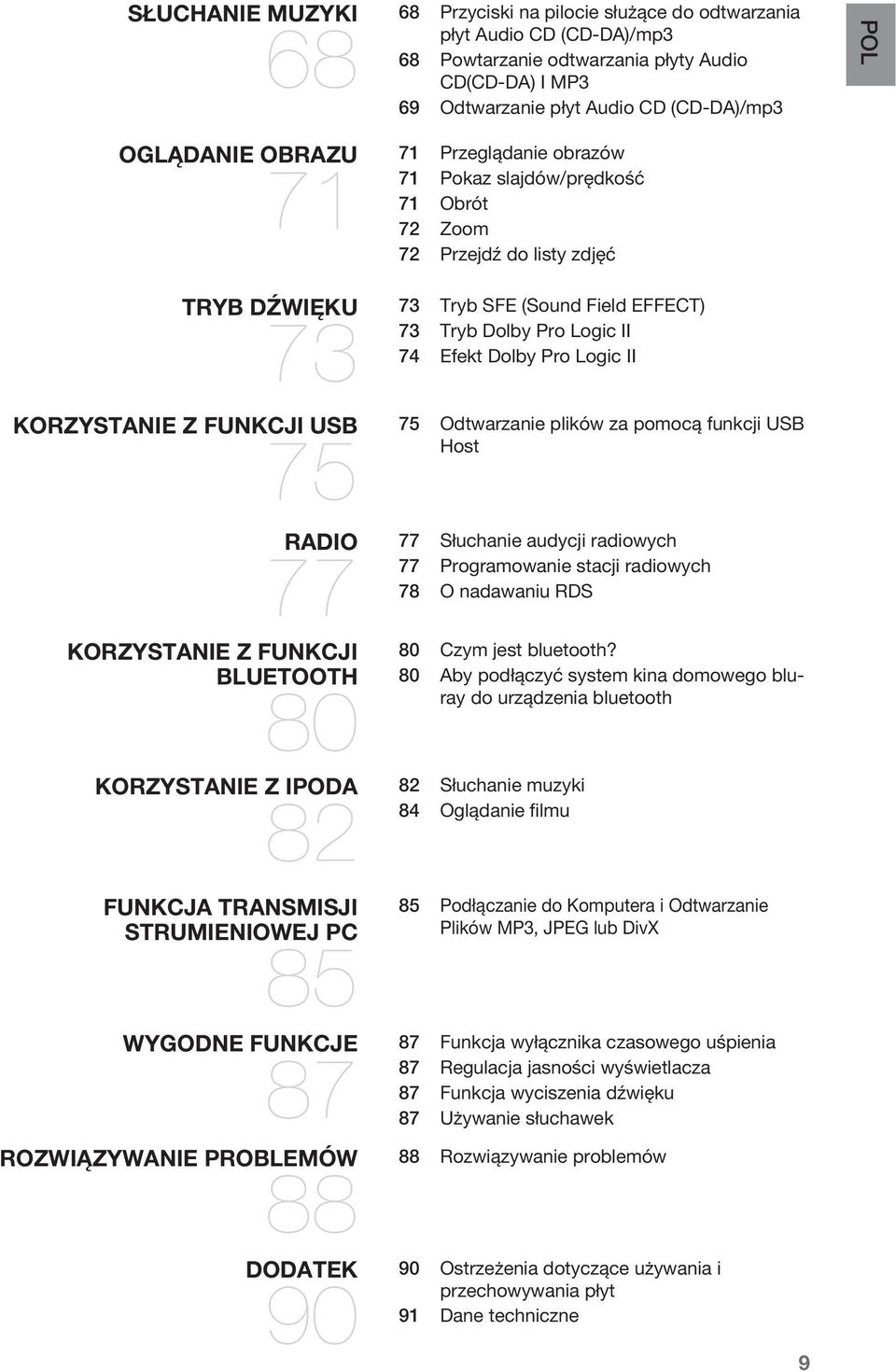 Obrót 72 Zoom 72 Przejdź do listy zdjęć Tryb SFE (Sound Field EFFECT) 73 Tryb Dolby Pro Logic II 74 Efekt Dolby Pro Logic II Odtwarzanie plików za pomocą funkcji USB Host Słuchanie audycji radiowych