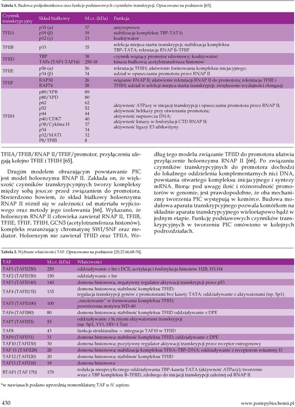 (kda) Funkcja p35 (α) p19 (β) p12 (γ) 37 19 13 TFIIB p33 35 TFIID TFIIE TFIIF TFIIH TBP TAFs (TAF1-TAF14) p56 (α) p34 (β) RAP30 RAP74 p89/xpb p80/xpd p62 p52 p44 p40/cdk7 p38/cyklina H p34 p32/mat1