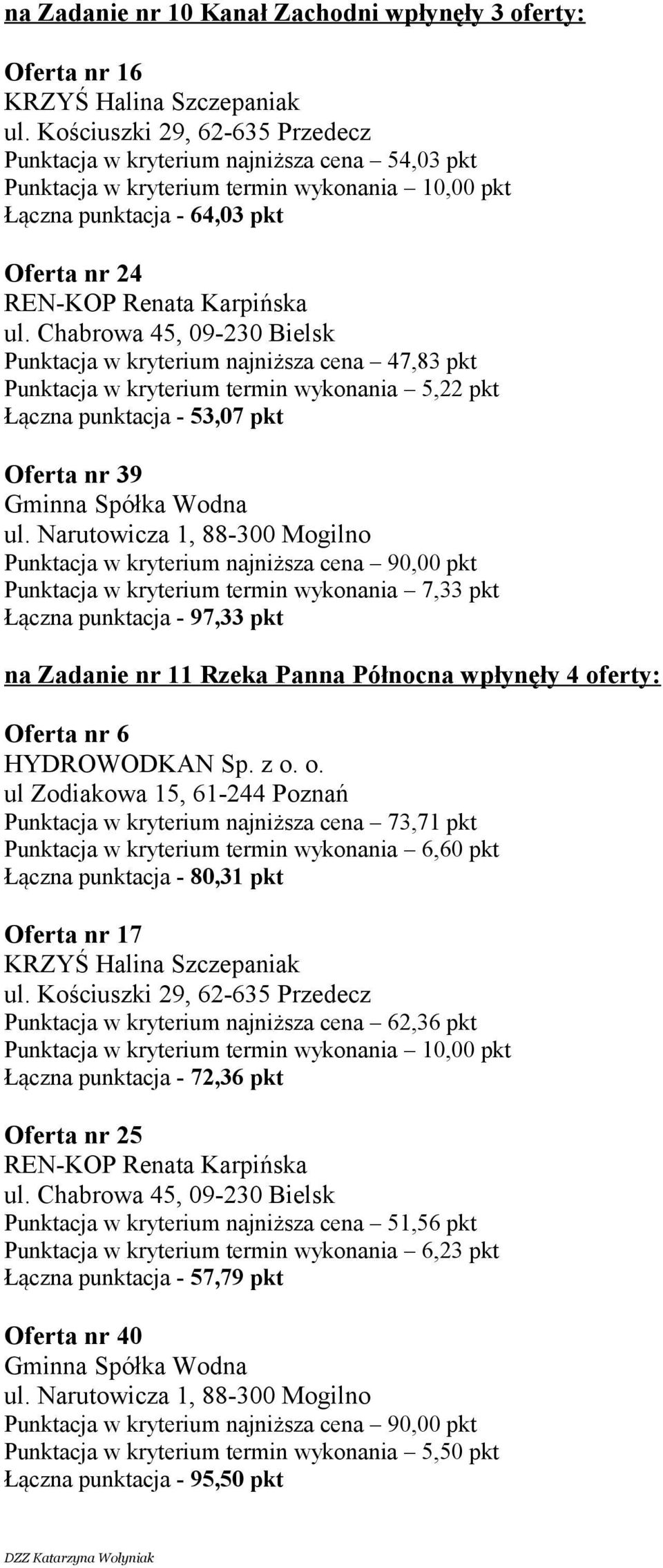 wykonania 5,22 pkt Łączna punktacja - 53,07 pkt Oferta nr 39 ul.