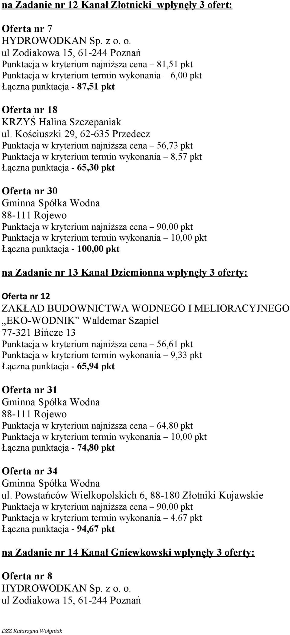 Kościuszki 29, 62-635 Przedecz Punktacja w kryterium najniższa cena 56,73 pkt Punktacja w kryterium termin wykonania 8,57 pkt Łączna punktacja - 65,30 pkt Oferta nr 30 88-111 Rojewo na Zadanie nr 13