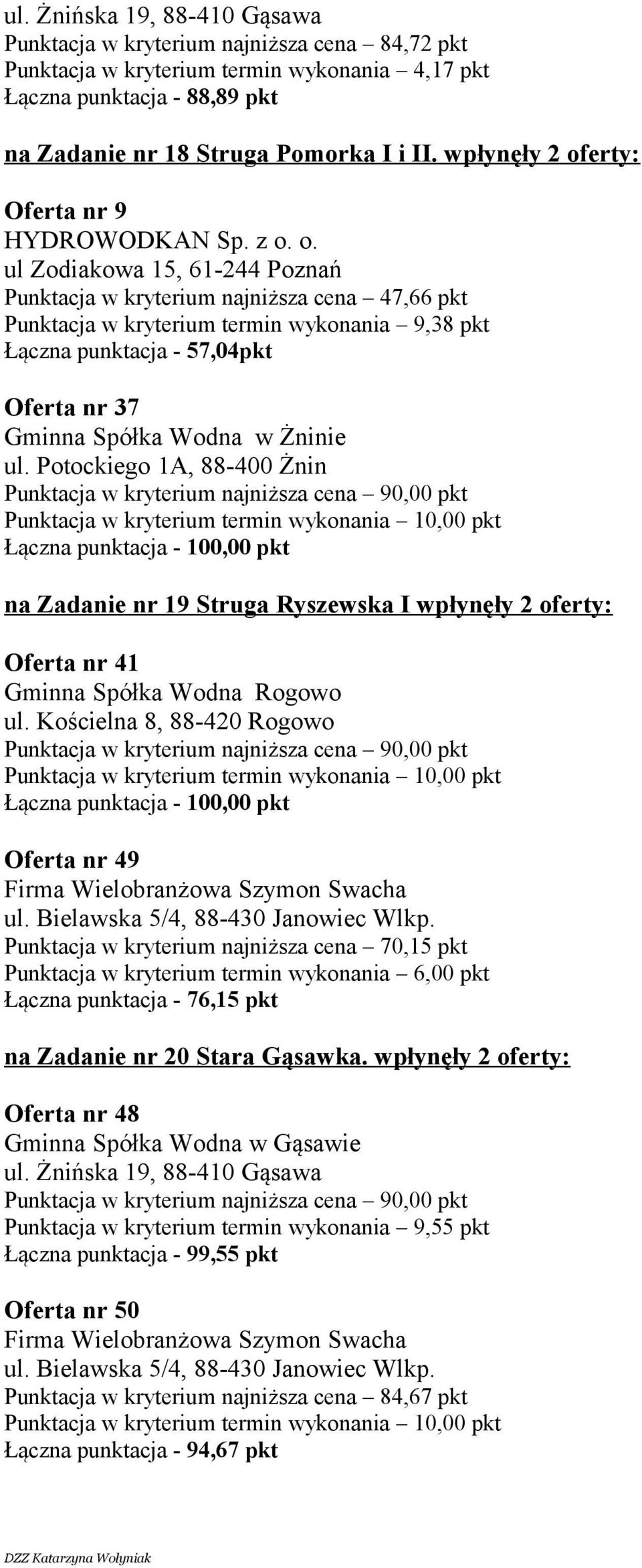 Potockiego 1A, 88-400 Żnin na Zadanie nr 19 Struga Ryszewska I wpłynęły 2 oferty: Oferta nr 41 Rogowo ul. Kościelna 8, 88-420 Rogowo Oferta nr 49 Firma Wielobranżowa Szymon Swacha ul.