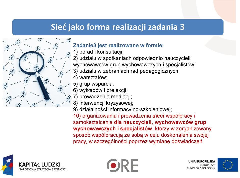 8) interwencji kryzysowej; 9) działalności informacyjno-szkoleniowej; 10) organizowania i prowadzenia sieci współpracy i samokształcenia dla nauczycieli,