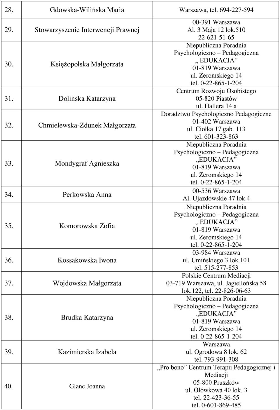 510 22-621-51-65 Centrum Rozwoju Osobistego 05-820 Piastów ul. Hallera 14 a Doradztwo Psychologiczno Pedagogiczne 01-402 ul. Ciołka 17 gab. 113 tel. 601-323-863 EDUKACJA 00-536 Al.