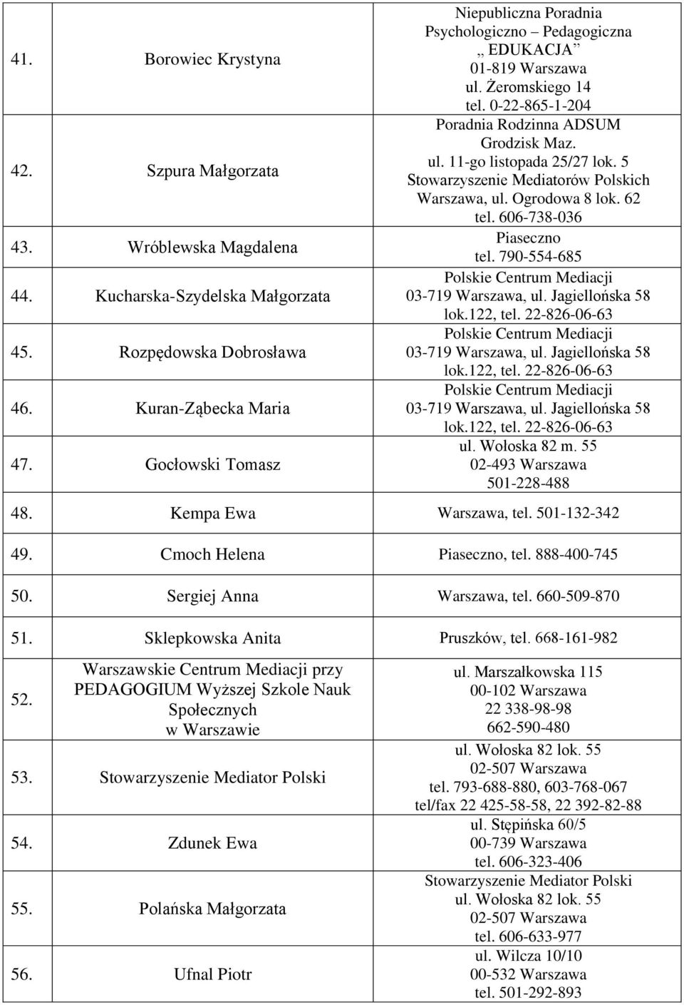 Wołoska 82 m. 55 02-493 501-228-488 48. Kempa Ewa, tel. 501-132-342 49. Cmoch Helena Piaseczno, tel. 888-400-745 50. Sergiej Anna, tel. 660-509-870 51. Sklepkowska Anita Pruszków, tel. 668-161-982 52.