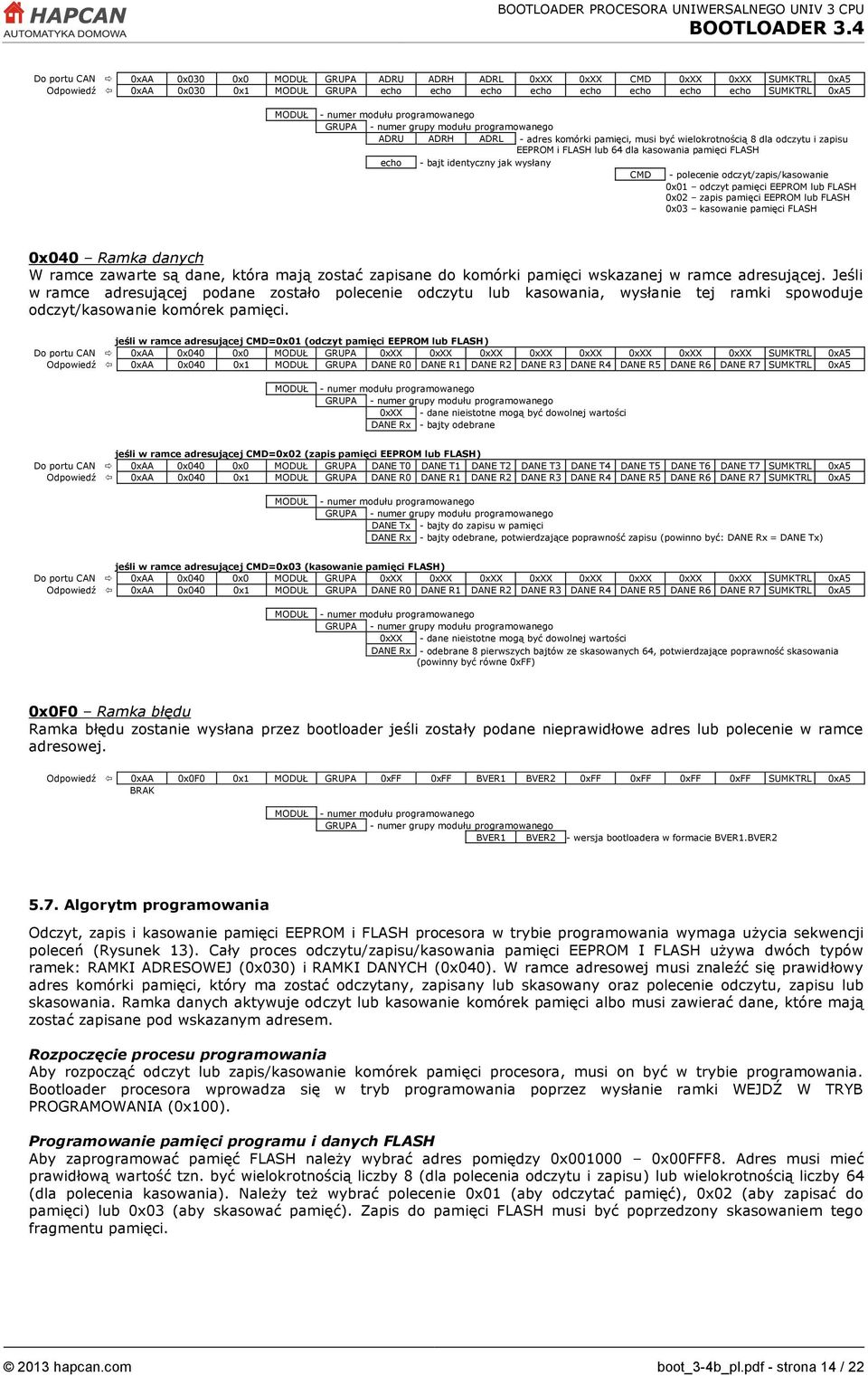 FLASH echo - bajt identyczny jak wysłany CMD - polecenie odczyt/zapis/kasowanie 0x01 odczyt pamięci EEPROM lub FLASH 0x02 zapis pamięci EEPROM lub FLASH 0x03 kasowanie pamięci FLASH 0x040 Ramka