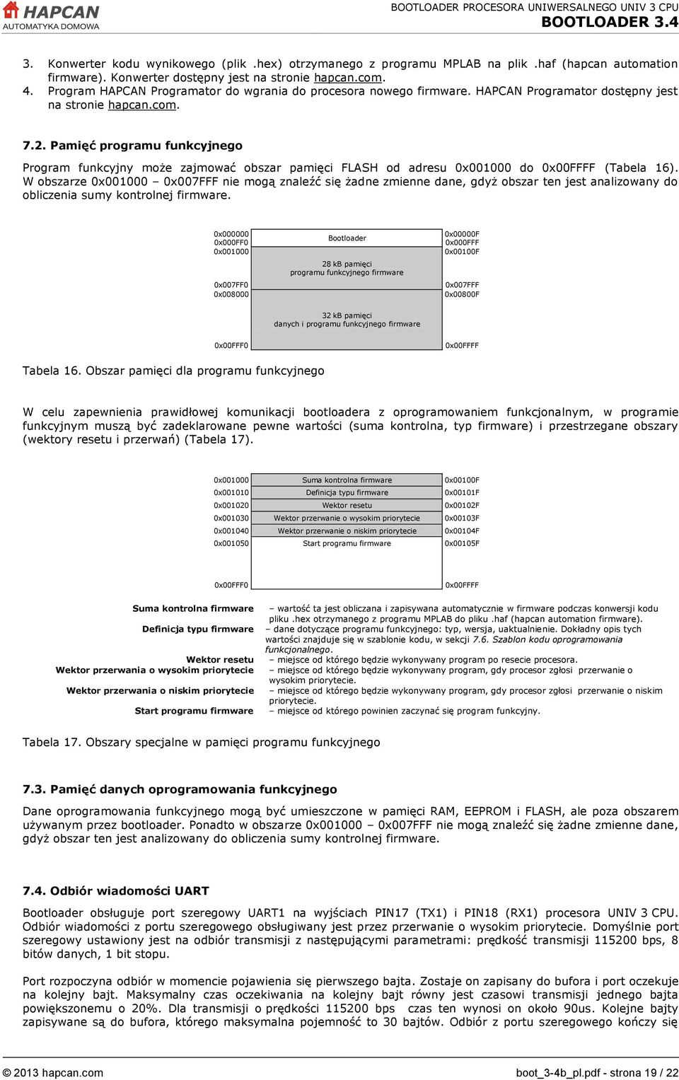 Pamięć programu funkcyjnego Program funkcyjny może zajmować obszar pamięci FLASH od adresu 0x001000 do 0x00FFFF (Tabela 16).