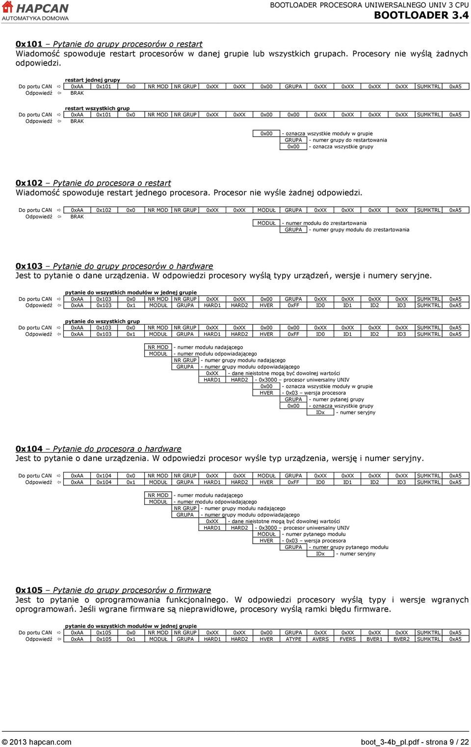 0xXX 0xXX 0x00 0x00 0xXX 0xXX 0xXX 0xXX SUMKTRL 0xA5 Odpowiedź BRAK 0x00 - oznacza wszystkie moduły w grupie GRUPA numer grupy do restartowania 0x00 - oznacza wszystkie grupy 0x102 Pytanie do