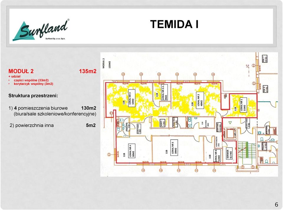 przestrzeni: 1) 4 pomieszczenia biurowe 130m2