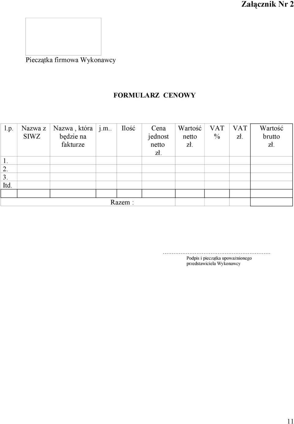 . Ilość Cena jednost netto zł. Wartość netto zł. VAT % VAT zł.