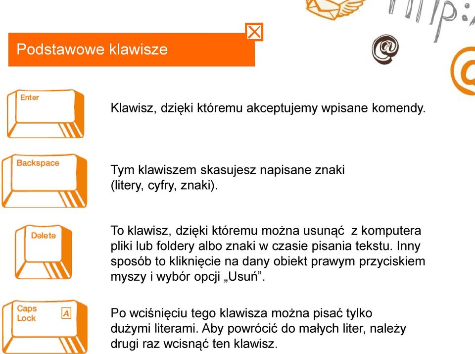 To klawisz, dzięki któremu można usunąć z komputera pliki lub foldery albo znaki w czasie pisania tekstu.