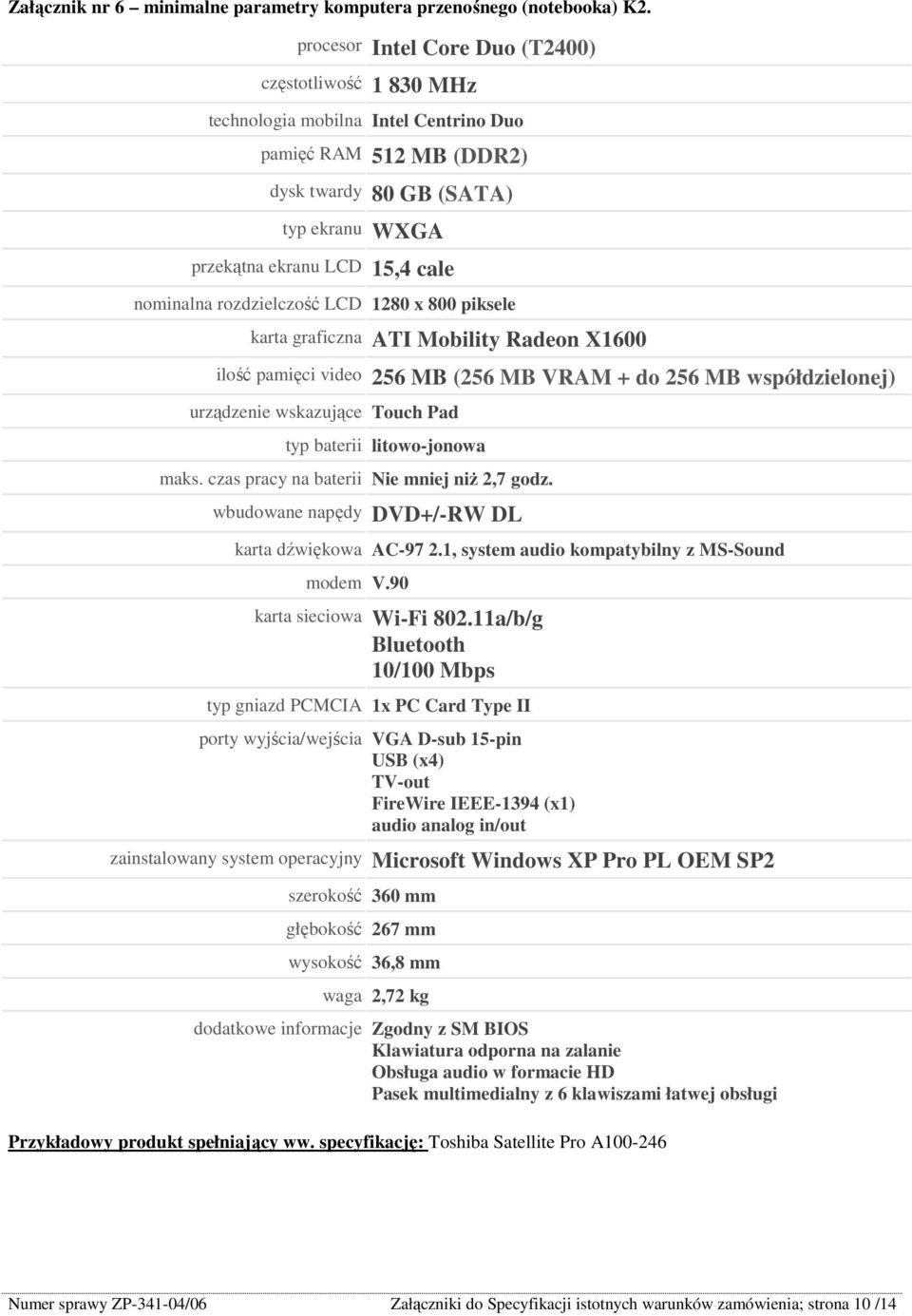 nominalna rozdzielczość LCD 1280 x 800 piksele karta graficzna ATI Mobility Radeon X1600 ilość pamięci video 256 MB (256 MB VRAM + do 256 MB współdzielonej) urządzenie wskazujące Touch Pad typ