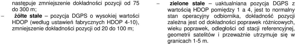 HDOP pomiędzy 1 a 4, jest to normalny stan operacyjny odbiornika, dokładność pozycji zależna jest od dokładności poprawek