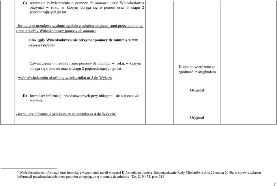 okresie) składa: Oświadczenie o nieotrzymaniu pomocy de minimis w roku, w którym ubiega się o pomoc oraz w ciągu 2 poprzedzających go lat - wzór oświadczenia określony w załączniku nr 5 do Wykazu