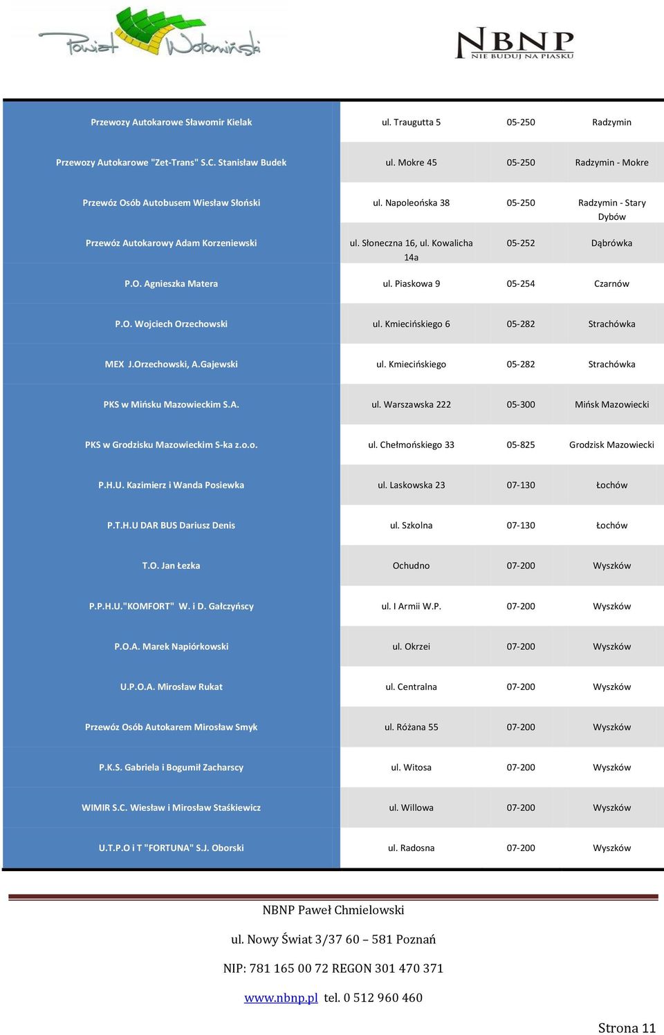 Kmiecińskiego 6 05-282 Strachówka MEX J.Orzechowski, A.Gajewski ul. Kmiecińskiego 05-282 Strachówka PKS w Mińsku Mazowieckim S.A. ul. Warszawska 222 05-300 Mińsk Mazowiecki PKS w Grodzisku Mazowieckim S-ka z.