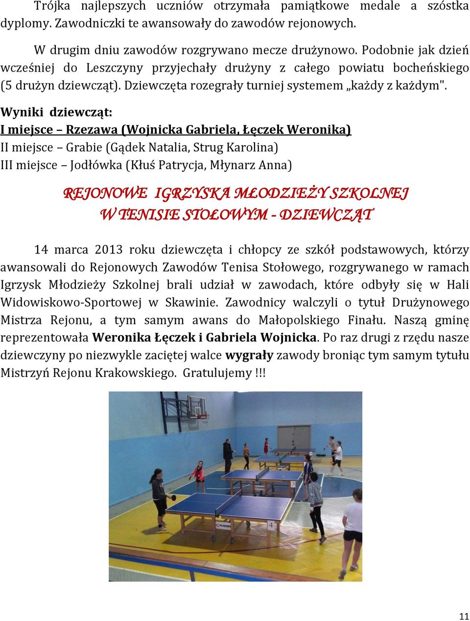 Wyniki dziewcząt: I miejsce Rzezawa (Wojnicka Gabriela, Łęczek Weronika) II miejsce Grabie (Gądek Natalia, Strug Karolina) III miejsce Jodłówka (Kłuś Patrycja, Młynarz Anna) REJONOWE IGRZYSKA