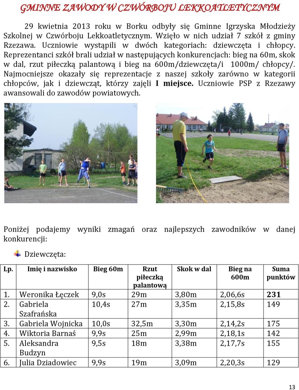 Reprezentanci szkół brali udział w następujących konkurencjach: bieg na 60m, skok w dal, rzut piłeczką palantową i bieg na 600m/dziewczęta/i 1000m/ chłopcy/.