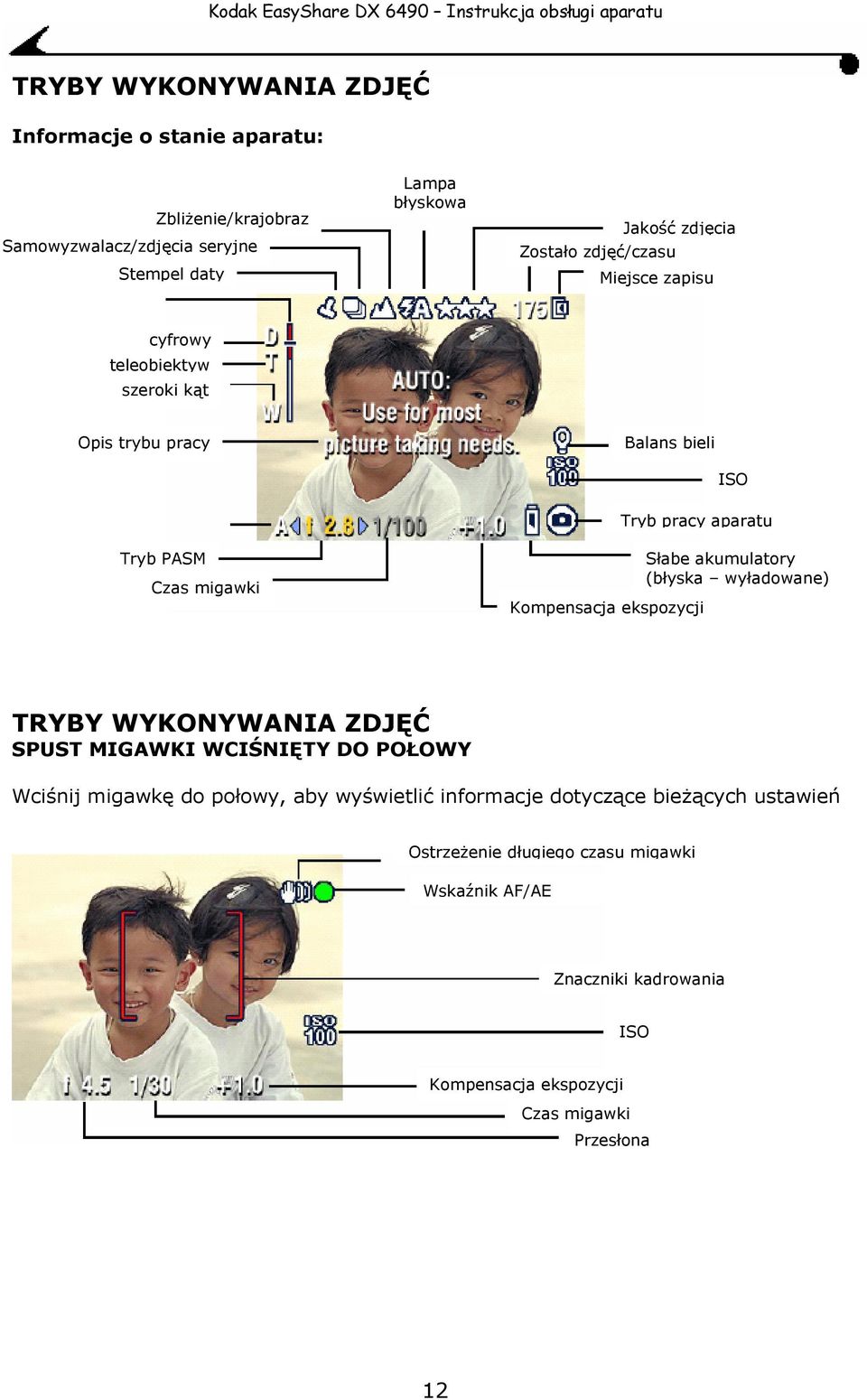 ekspozycji Słabe akumulatory (błyska wyładowane) TRYBY WYKONYWANIA ZDJĘĆ SPUST MIGAWKI WCIŚNIĘTY DO POŁOWY Wciśnij migawkę do połowy, aby wyświetlić