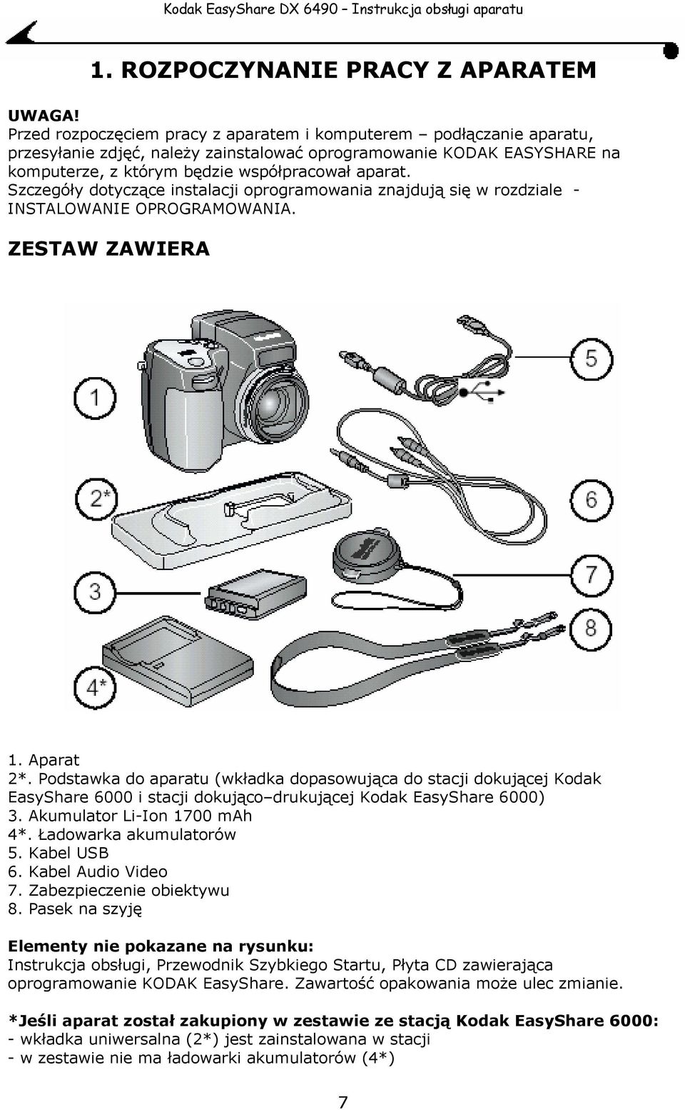 Szczegóły dotyczące instalacji oprogramowania znajdują się w rozdziale - INSTALOWANIE OPROGRAMOWANIA. ZESTAW ZAWIERA 1. Aparat 2*.