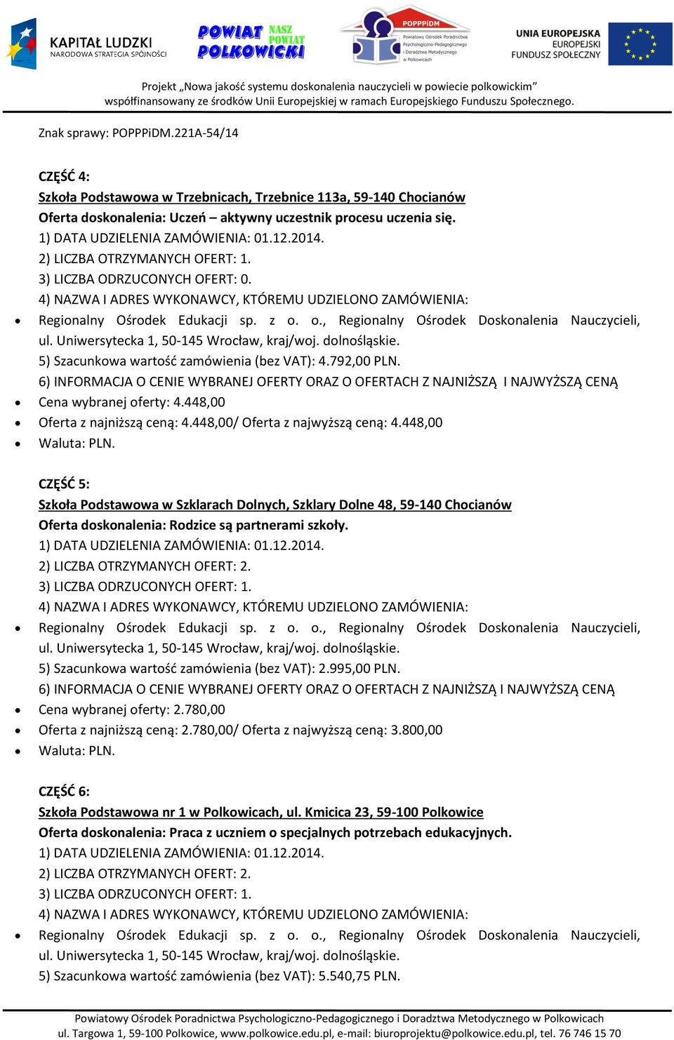 448,00 CZĘŚĆ 5: Szkoła Podstawowa w Szklarach Dolnych, Szklary Dolne 48, 59-140 Chocianów Oferta doskonalenia: Rodzice są partnerami szkoły. 5) Szacunkowa wartość zamówienia (bez VAT): 2.995,00 PLN.