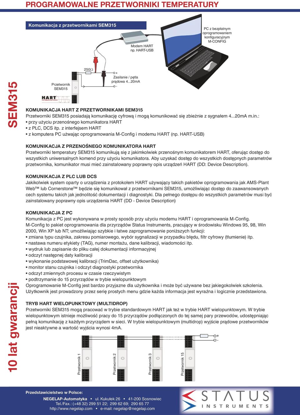 z interfejsem HART z komputera PC użwając oprogramowania M-Config i modemu HART (np.