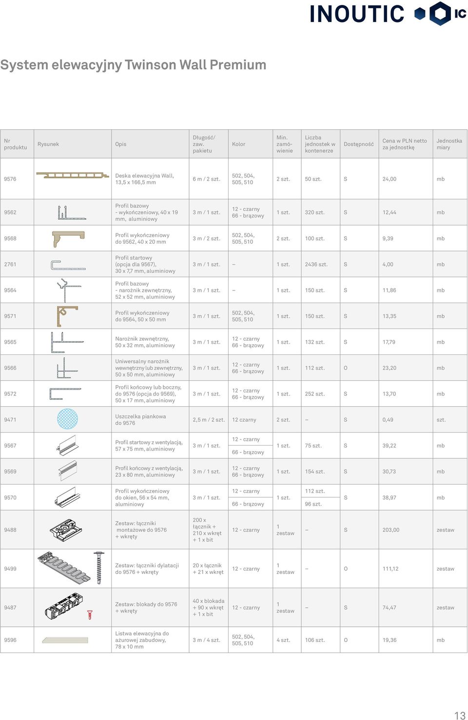 S 24,00 mb 9562 Profil bazowy - wykończeniowy, 40 x 19 mm, aluminiowy 3 m / 1 szt. 66 - brązowy 1 szt. 320 szt. S 12,44 mb 9568 Profil wykończeniowy do 9562, 40 x 20 mm 3 m / 2 szt.