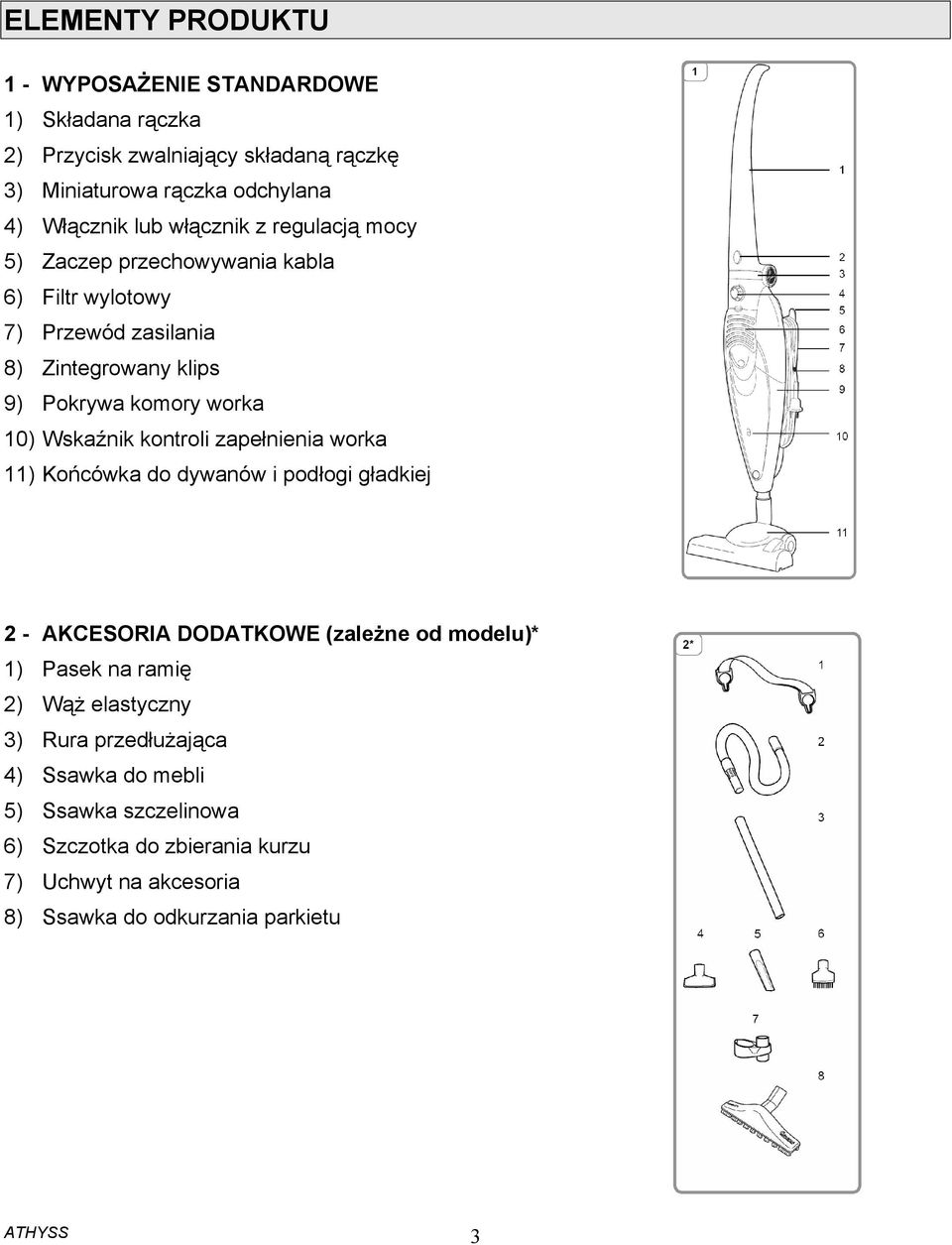 kontroli zapełnienia worka 11) Końcówka do dywanów i podłogi gładkiej 2 - AKCESORIA DODATKOWE (zależne od modelu)* 1) Pasek na ramię 2) Wąż elastyczny 3)