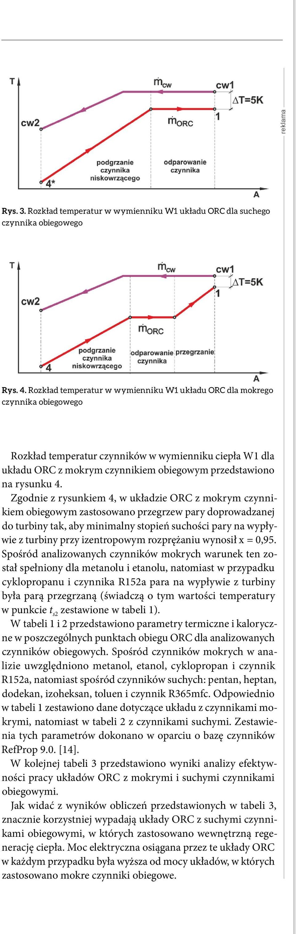 Zgodnie z rysunkiem 4, w układzie z mokrym czynnikiem obiegowym zastosowano przegrzew pary doprowadzanej do turbiny tak, aby minimalny stopień suchości pary na wypływie z turbiny przy izentropowym