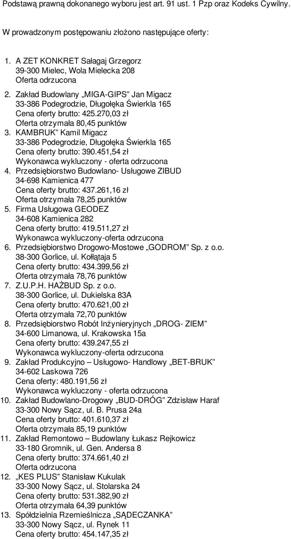 270,03 zł Oferta otrzymała 80,45 punktów 3. KAMBRUK Kamil Migacz 33-386 Podegrodzie, Długołęka Świerkla 165 Cena oferty brutto: 390.451,54 zł Wykonawca wykluczony - oferta odrzucona 4.