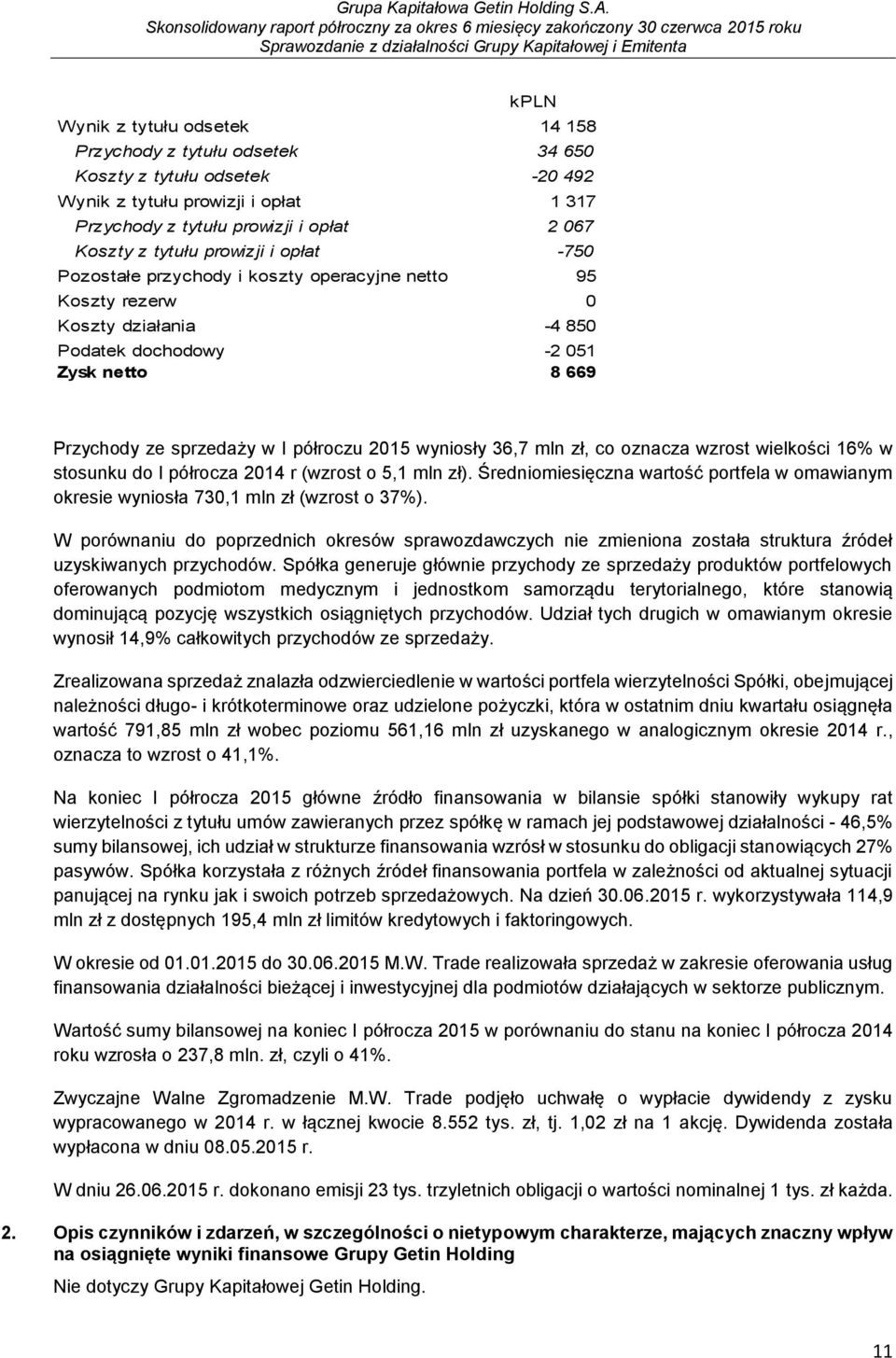 wyniosły 36,7 mln zł, co oznacza wzrost wielkości 16% w stosunku do I półrocza 2014 r (wzrost o 5,1 mln zł).