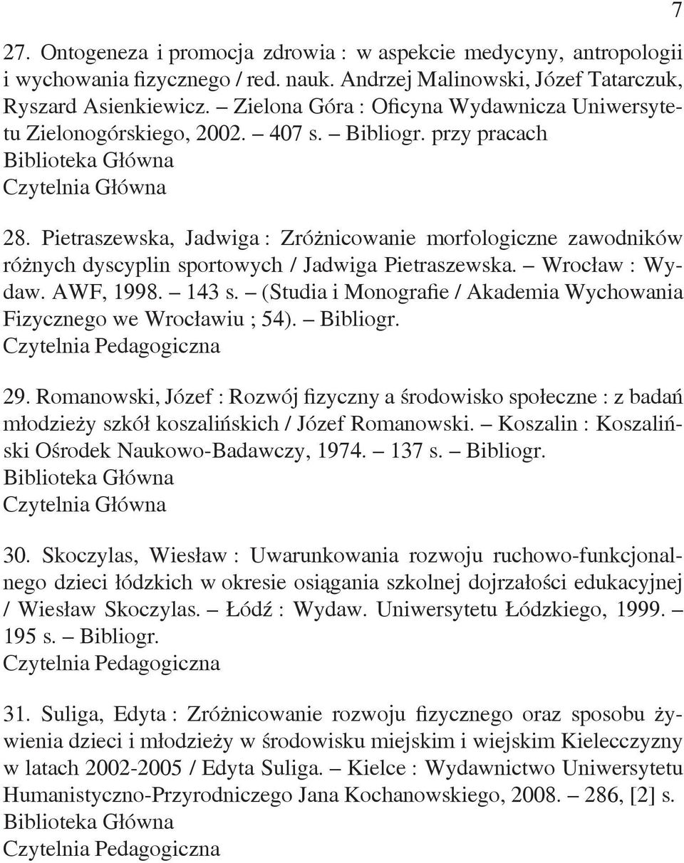 Pietraszewska, Jadwiga : Zróżnicowanie morfologiczne zawodników różnych dyscyplin sportowych / Jadwiga Pietraszewska. Wrocław : Wydaw. AWF, 1998. 143 s.