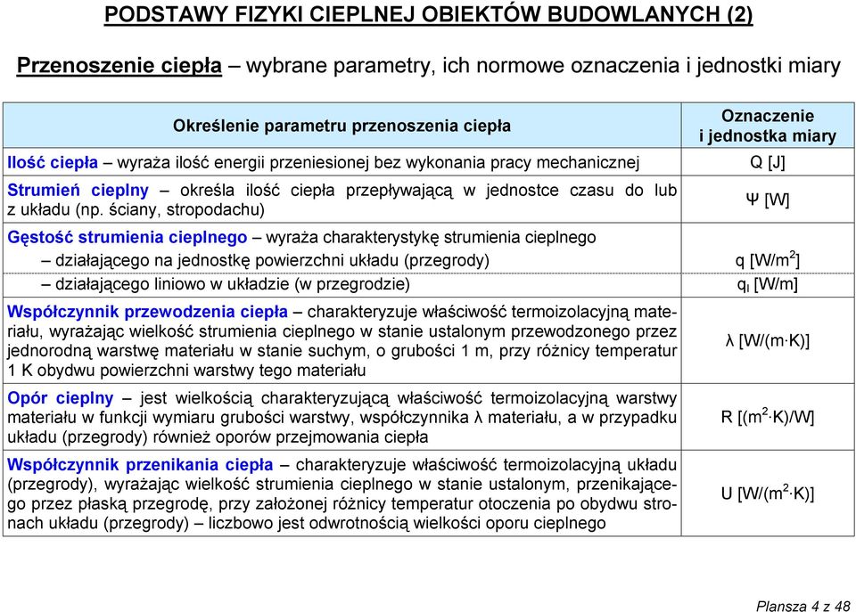 ściany, stropodachu) Oznaczenie i jednostka miary Q [J] Ψ [W] Gęstość strumienia cieplnego wyraża charakterystykę strumienia cieplnego działającego na jednostkę powierzchni układu (przegrody) q [W/m