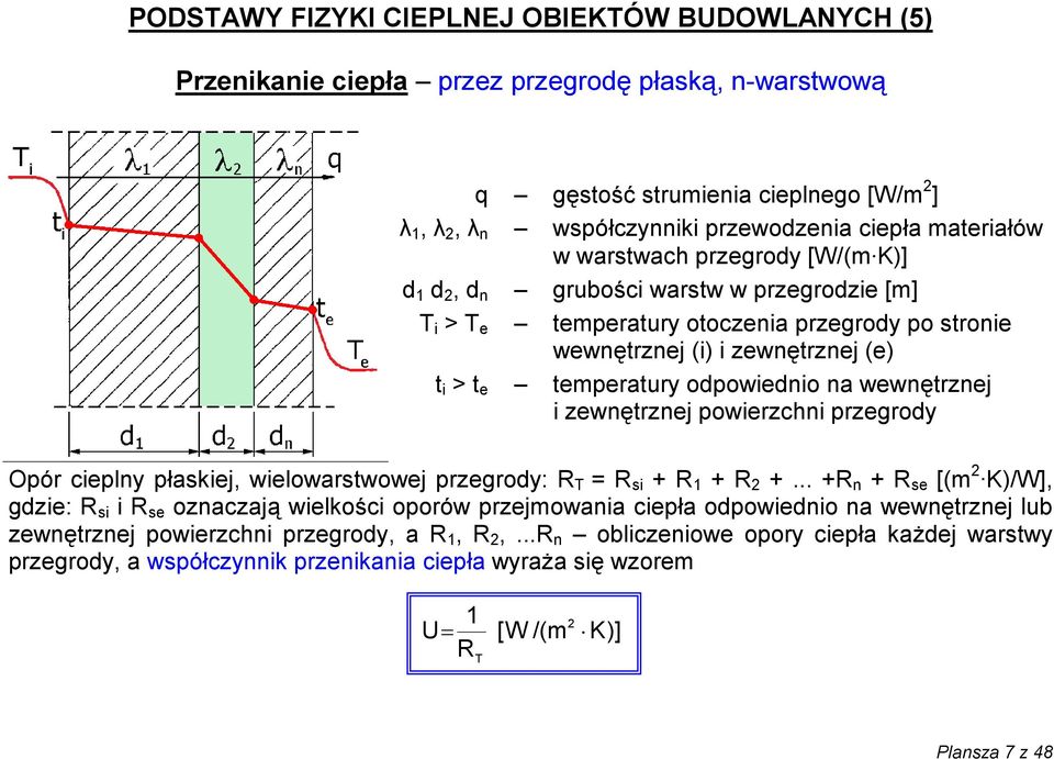 odpowiednio na wewnętrznej i zewnętrznej powierzchni przegrody Opór cieplny płaskiej, wielowarstwowej przegrody: R T = R si + R 1 + R 2 +.