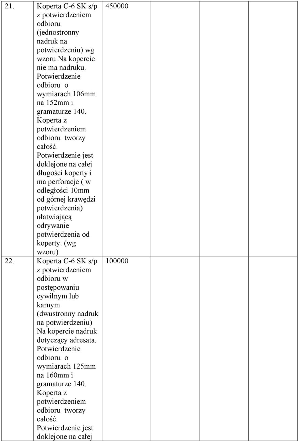 Potwierdzenie jest doklejone na całej długości koperty i ma perforacje ( w odległości 10mm od górnej krawędzi potwierdzenia) ułatwiającą odrywanie potwierdzenia od koperty.