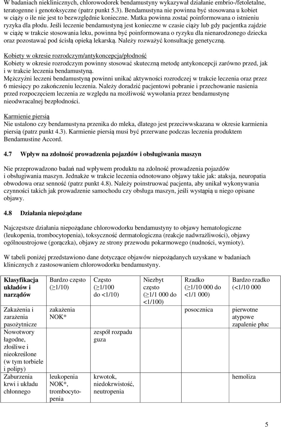 Jeśli leczenie bendamustyną jest konieczne w czasie ciąży lub gdy pacjentka zajdzie w ciążę w trakcie stosowania leku, powinna być poinformowana o ryzyku dla nienarodzonego dziecka oraz pozostawać