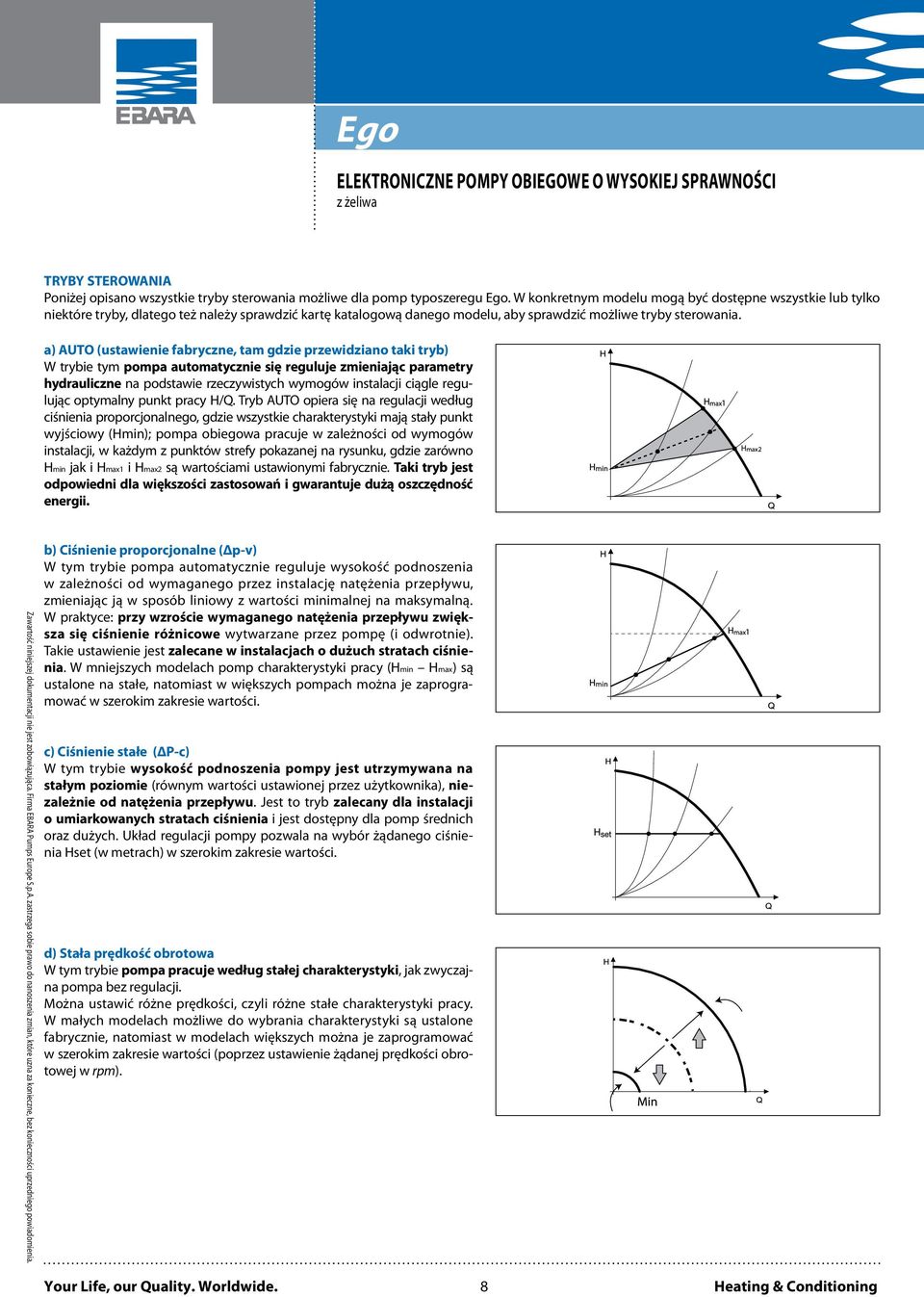 a) AUTO (ustawienie fabryczne, tam gdzie przewidziano taki tryb) W trybie tym pompa automatycznie się reguluje zmieniając parametry hydrauliczne na podstawie rzeczywistych wymogów instalacji ciągle