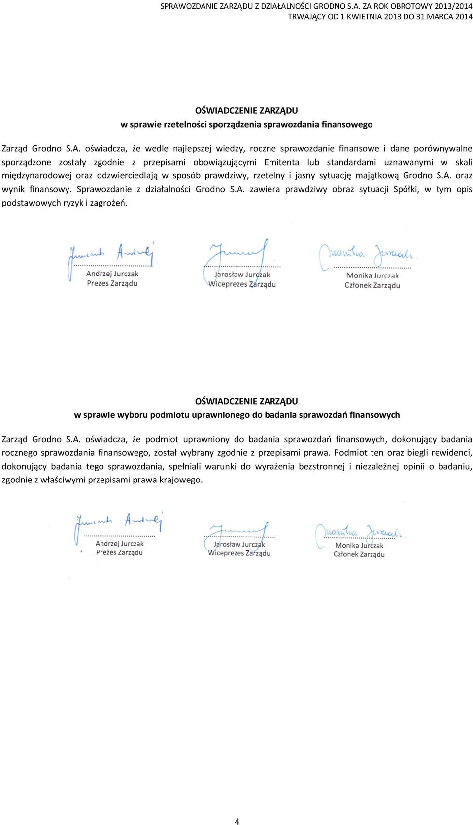 ZĄDU w sprawie rzetelności sporządzenia sprawozdania finansowego Zarząd Grodno S.A.