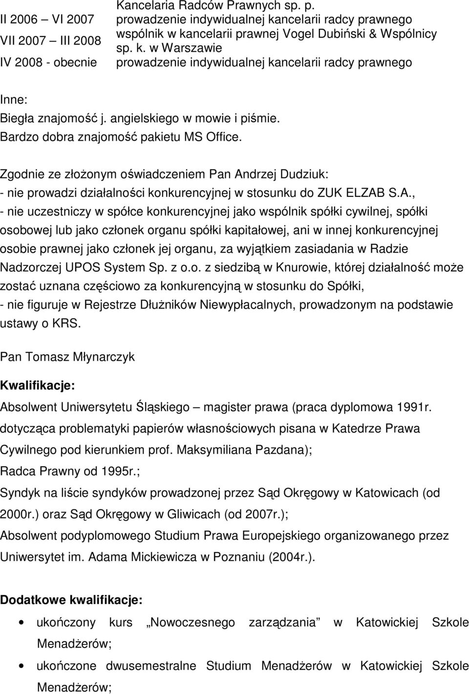 Zgodnie ze złożonym oświadczeniem Pan Andrzej Dudziuk: - nie uczestniczy w spółce konkurencyjnej jako wspólnik spółki cywilnej, spółki osobie prawnej jako członek jej organu, za wyjątkiem zasiadania