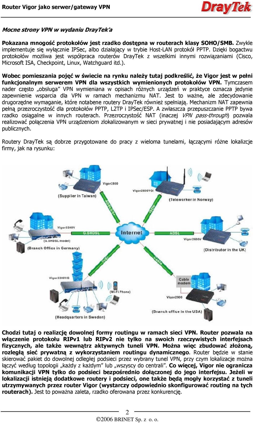 Dzięki bogactwu protokołów możliwa jest współpraca routerów DrayTek z wszelkimi innymi rozwiązaniami (Cisco, Microsoft ISA, Checkpoint, Linux, Watchguard itd.).