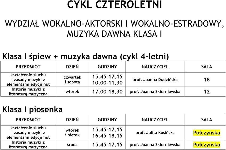 Joanna Dudzińska 18 wtorek 17.00-18.30 prof.