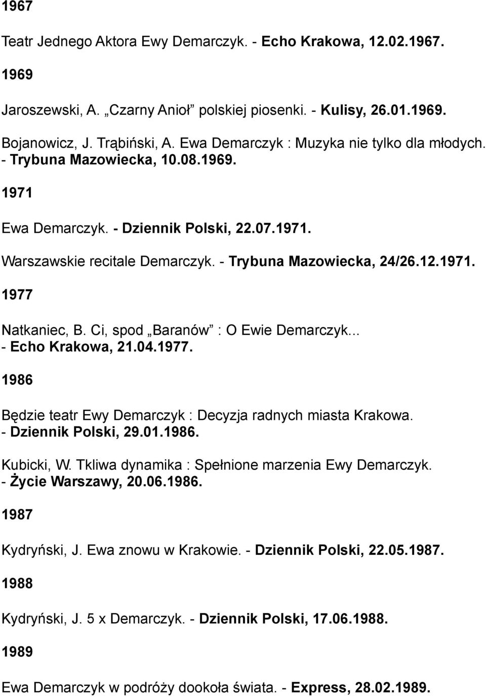 Ci, spod Baranów : O Ewie Demarczyk... - Echo Krakowa, 21.04.1977. 1986 Będzie teatr Ewy Demarczyk : Decyzja radnych miasta Krakowa. - Dziennik Polski, 29.01.1986. Kubicki, W.