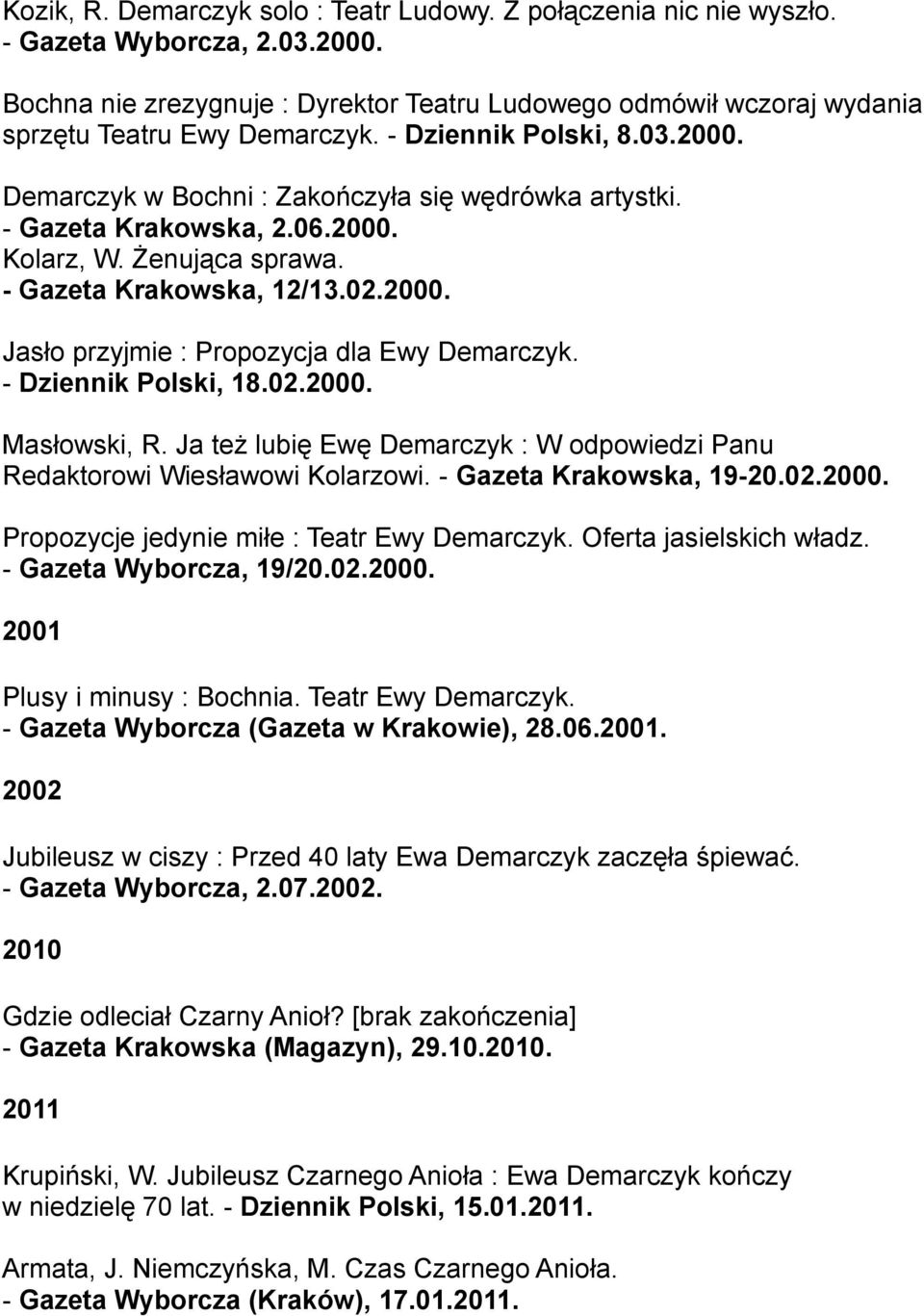 - Gazeta Krakowska, 2.06.2000. Kolarz, W. Żenująca sprawa. - Gazeta Krakowska, 12/13.02.2000. Jasło przyjmie : Propozycja dla Ewy Demarczyk. - Dziennik Polski, 18.02.2000. Masłowski, R.