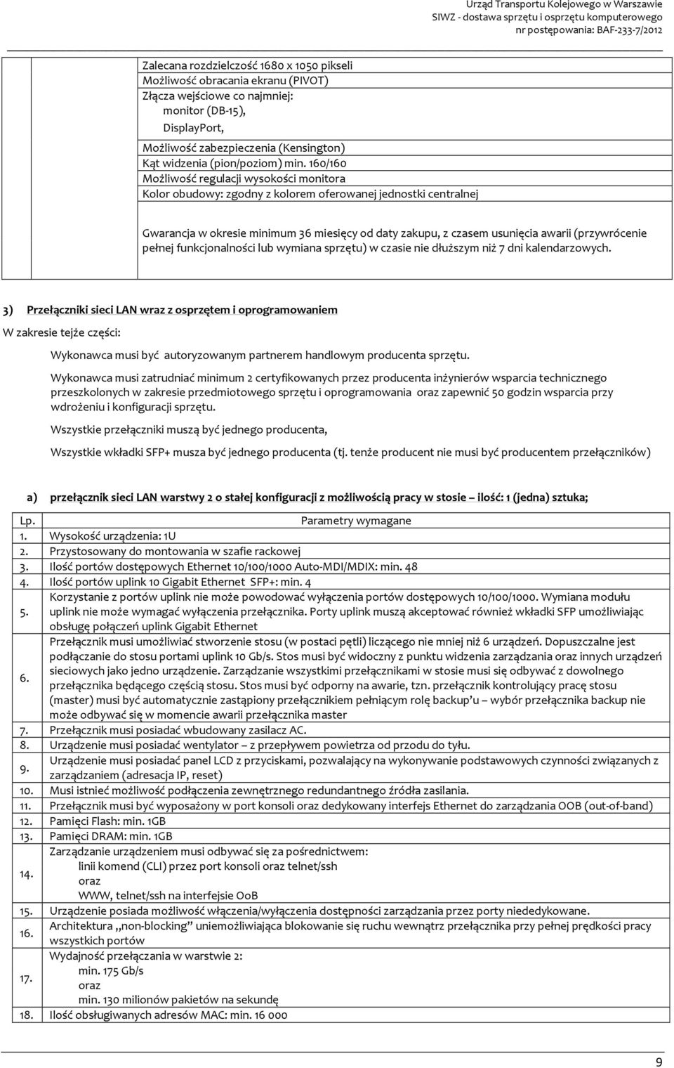 160/160 Możliwość regulacji wysokości monitora Kolor obudowy: zgodny z kolorem oferowanej jednostki centralnej Gwarancja w okresie minimum 36 miesięcy od daty zakupu, z czasem usunięcia awarii