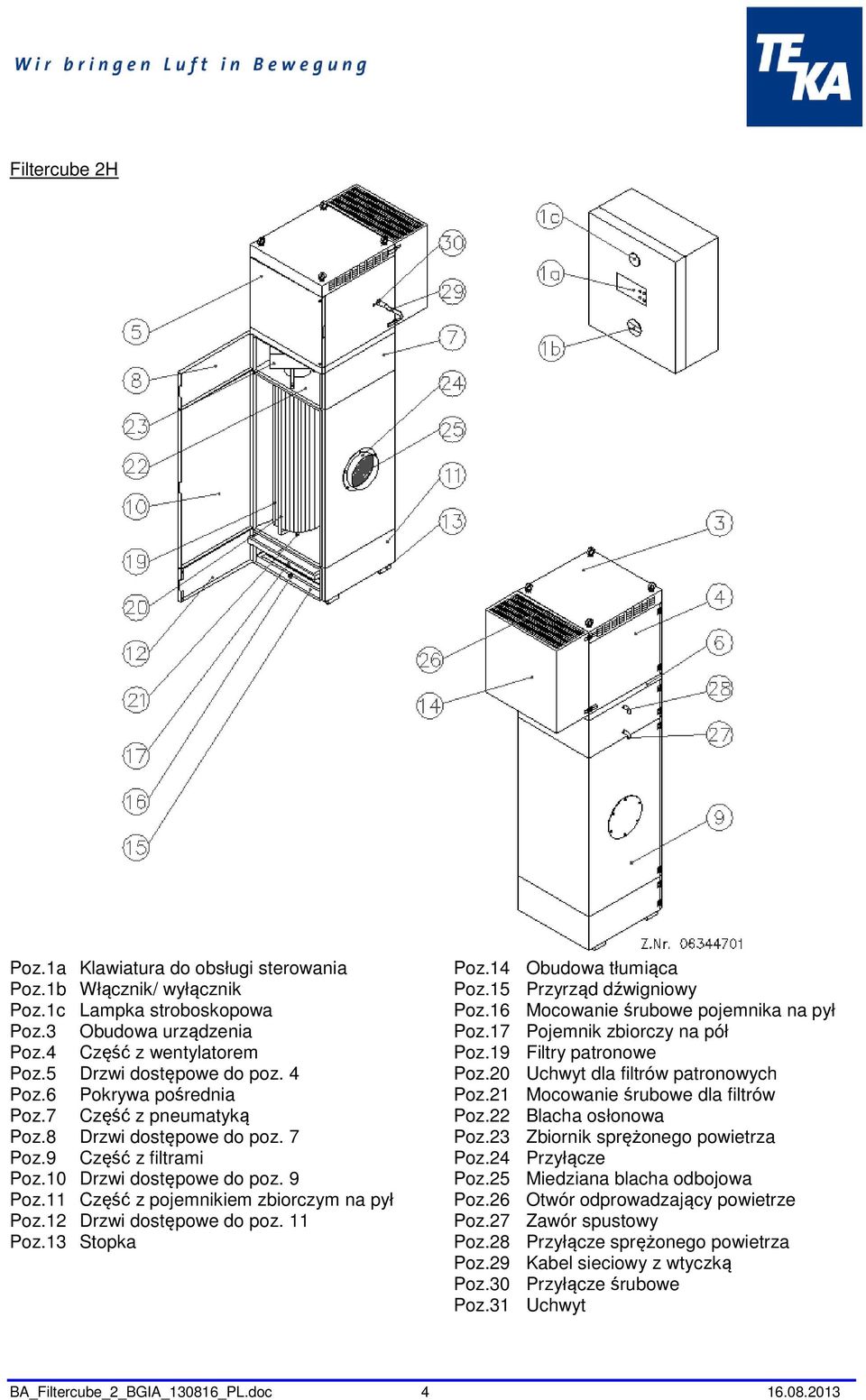 4 Pokrywa pośrednia Część z pneumatyką Drzwi dostępowe do poz. 7 Część z filtrami Drzwi dostępowe do poz. 9 Część z pojemnikiem zbiorczym na pył Drzwi dostępowe do poz. 11 Stopka Poz.14 Poz.15 Poz.