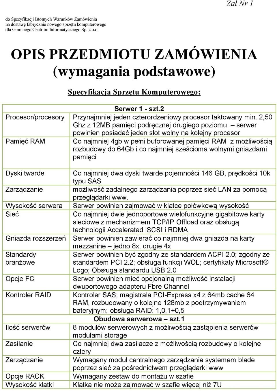 2,50 Ghz z 12MB podręcznej drugiego poziomu serwer powinien posiadać jeden slot wolny na kolejny procesor Pamięć RAM Co najmniej 4gb w pełni buforowanej RAM z możliwością rozbudowy do 64Gb i co